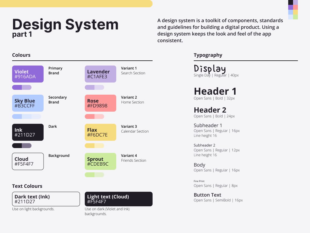 A design system for the EventBloom app, detailing colours and typography.