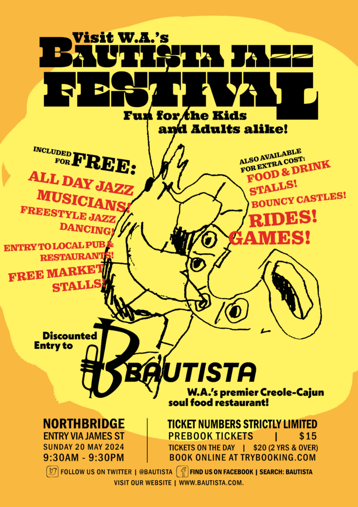 A promotional flyer for a Bautista Jazz Festival. It features a crudely drawn shrimp playing saxophone against a yellow-orange background.