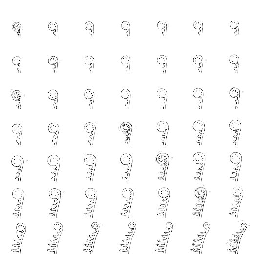 49 frames of an animation of a fern unfurling.